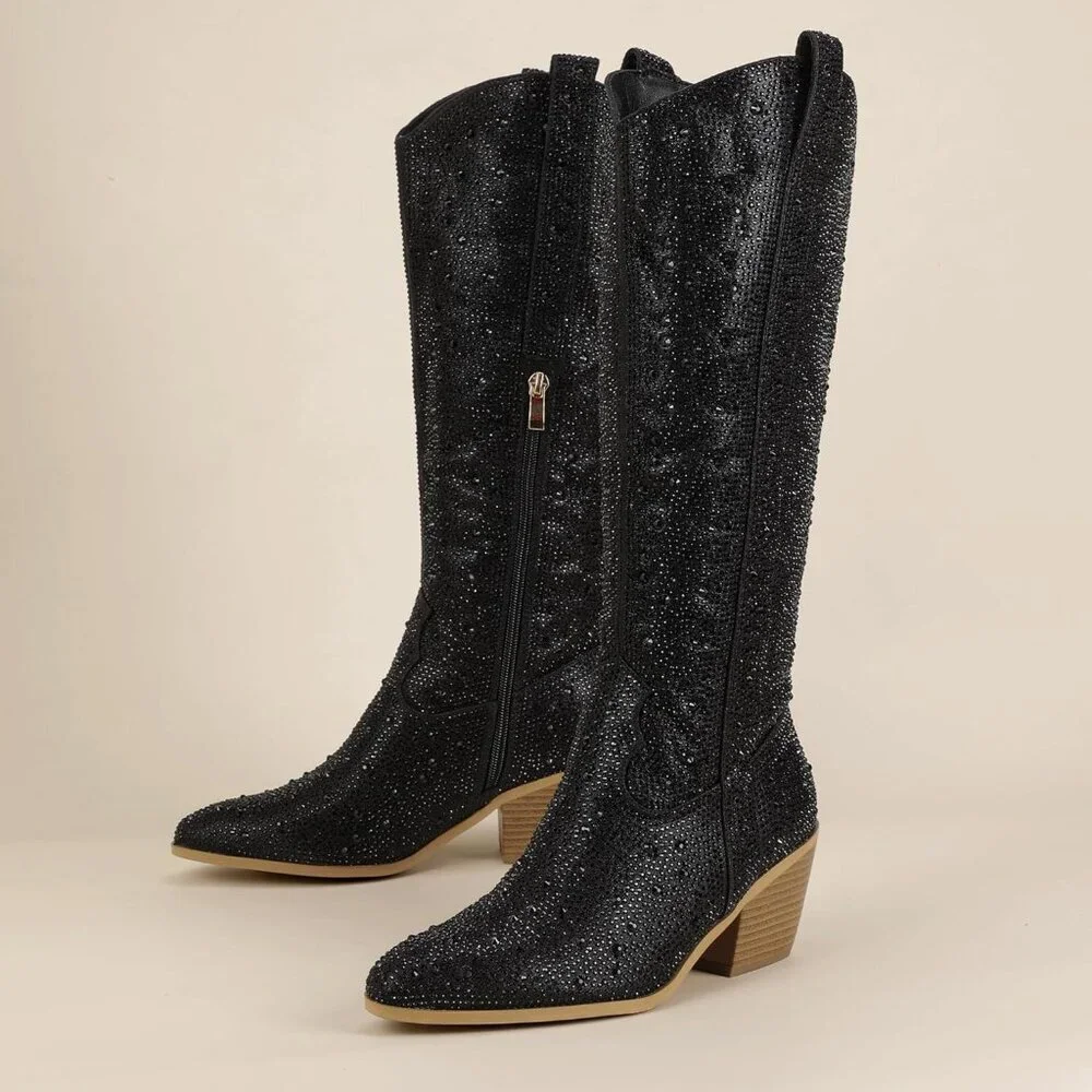 Women's Black Rhinestone Cowboy Boot Knee High Western Cowgirl Boots Pointed Toe